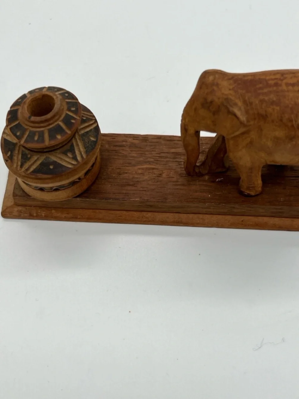 Vintage teak Hand-Carved Wooden Elephant Figurine on Base